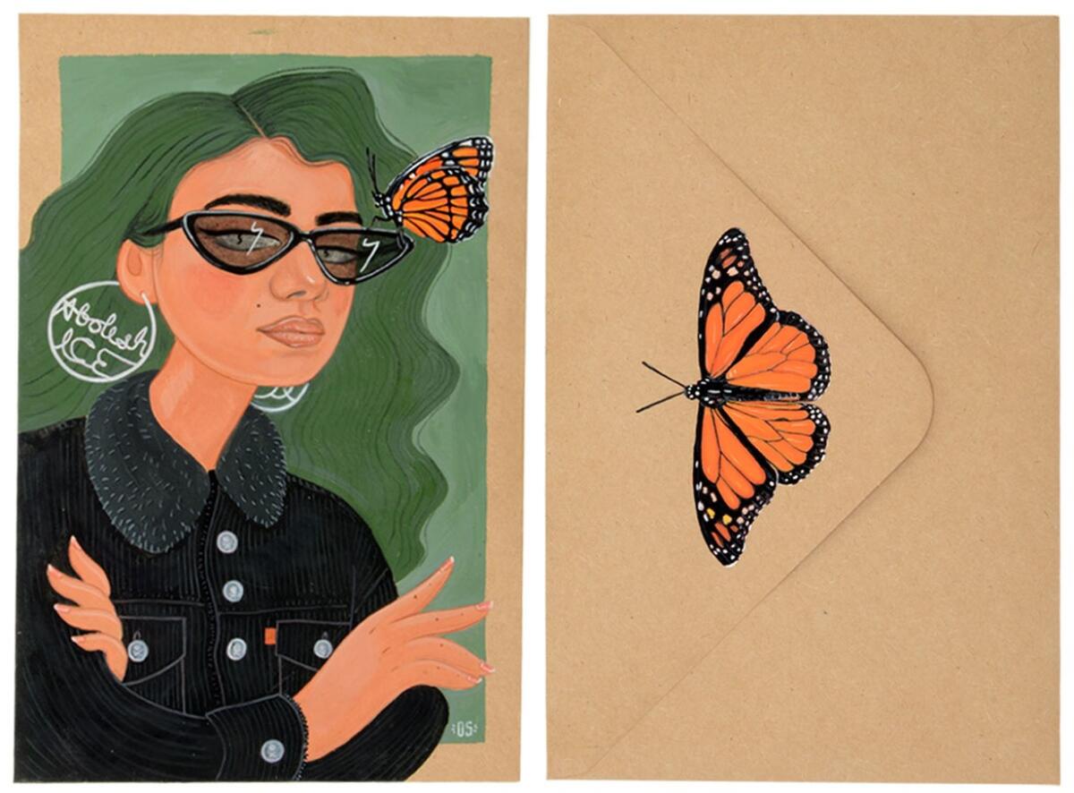 Diana L. Sánchez's "Abolish ICE II," with a monarch butterfly perched on a woman wearing "abolish ICE" earrings.  