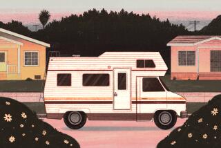Illustration of an RV parked on the side of a street with houses and flowering bushes beside.