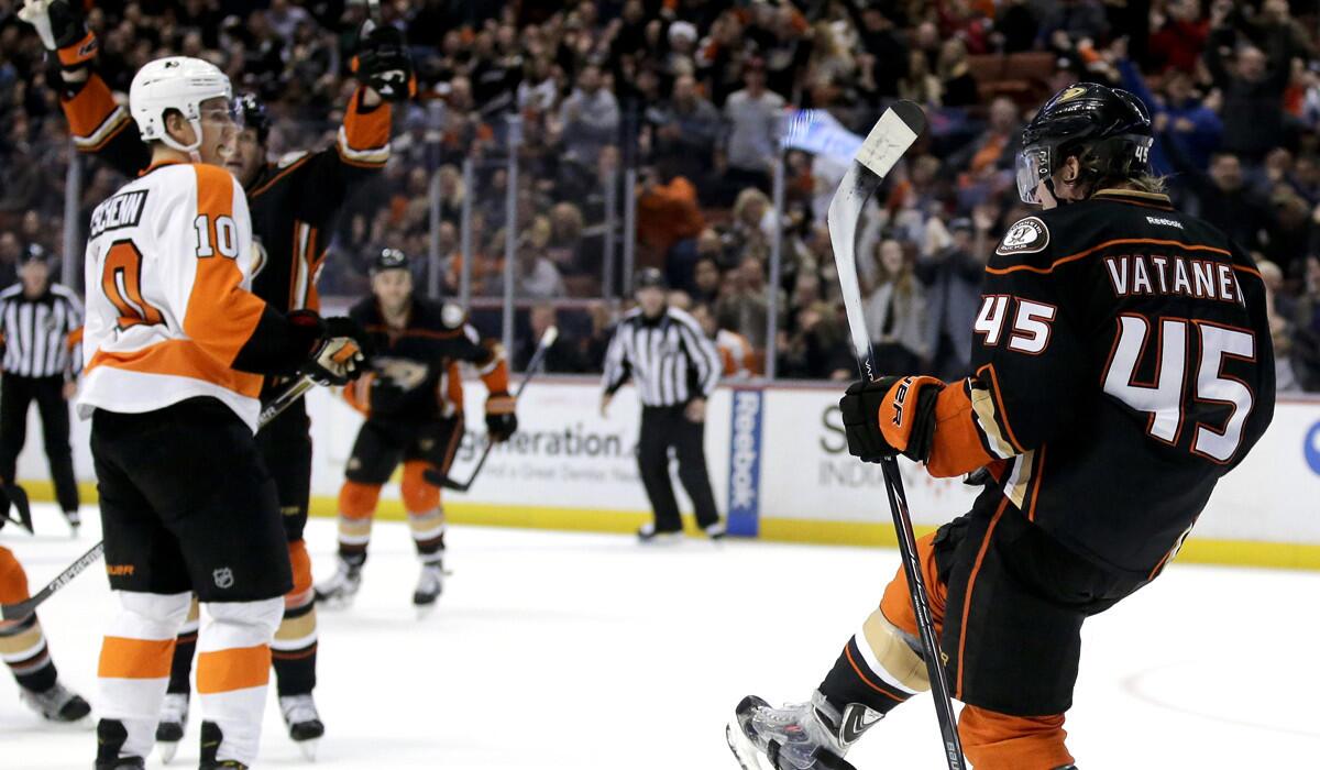 Ducks defenseman Sami Vatanen (45) celebrates after scoring against the Flyers in the second period Wednesday night in Anaheim.