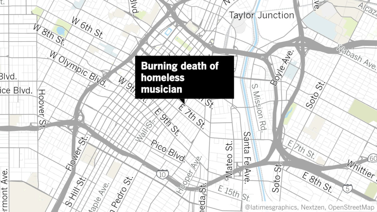 The intersection where a homeless musician was burned to death on skid row Monday night.