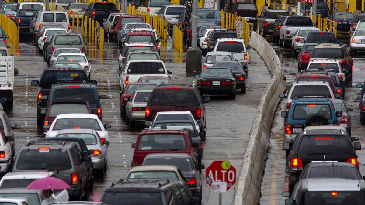 Traffic jams the entry lanes into the United States from Tijuana, Mexico.