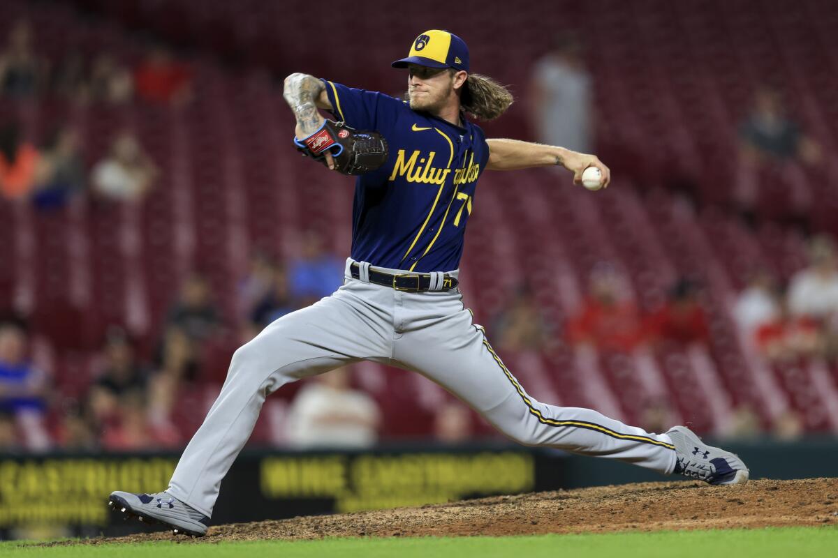 Milwaukee Brewers closer Josh Hader delivers during a game.