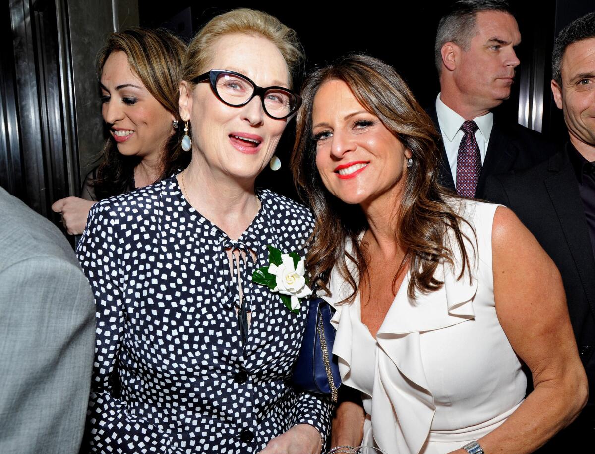The gathering of entertainment leaders was organized by Women in Film and the Sundance Institute. Above, Cathy Schulman, president of Women in Film, with Meryl Streep at a pre-Oscar party in February.