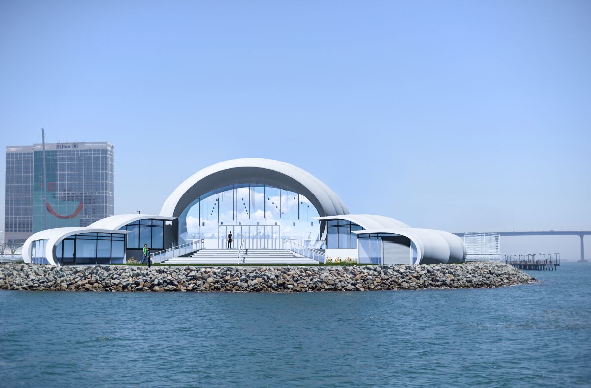 The Symphony's permanent bayside performance center will be located in the same spot as its temporary summer pops venue is today and include public amenities like concrete steps facing the bay.