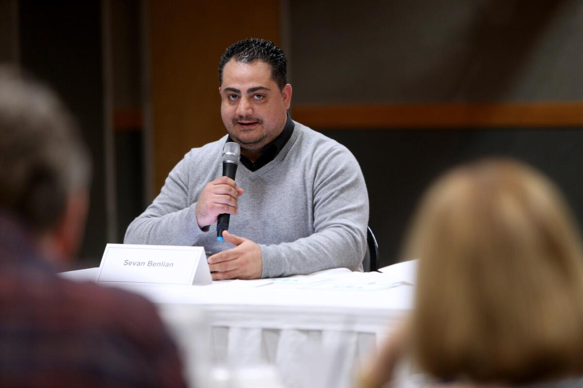 Glendale Community College Board of Trustees District 5 candidate Sevan Benlian speaks at a forum sponsored by the Women's Civic League at Glendale Elks Lodge & Club, in Glendale on Feb. 27.