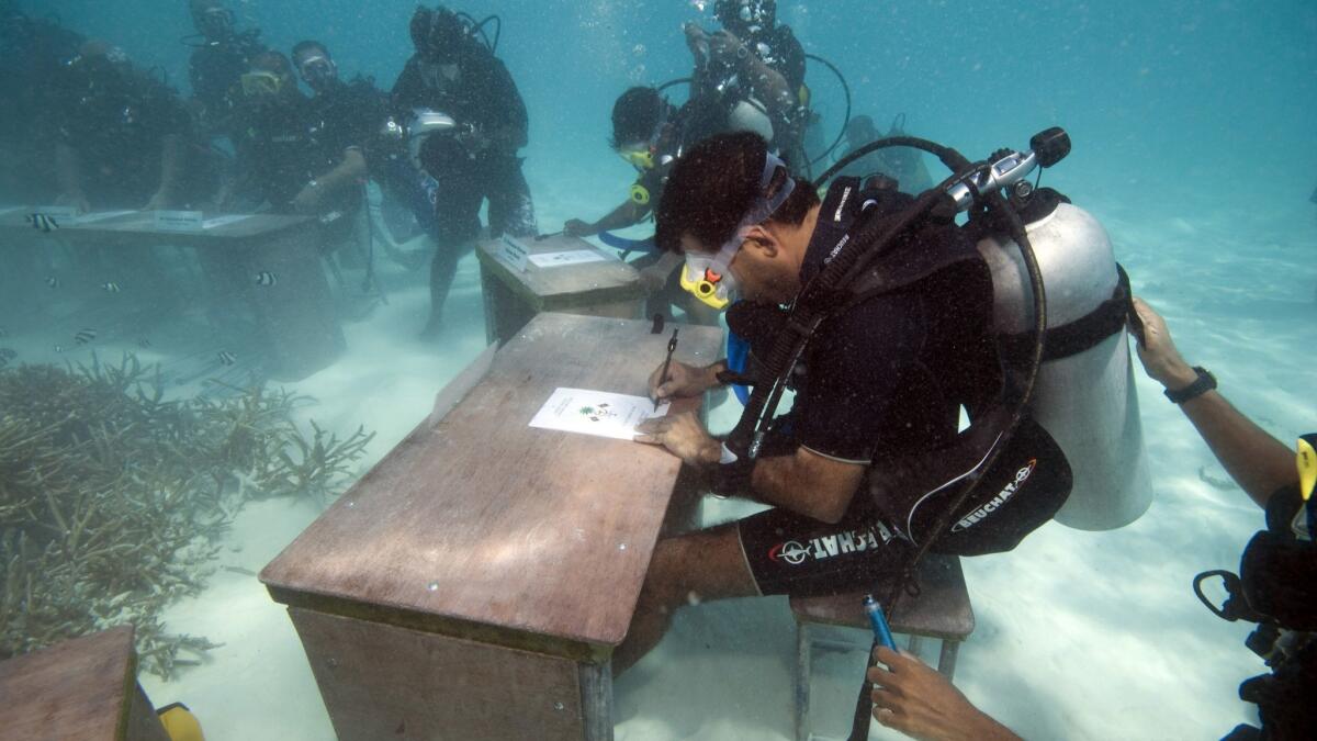 In 2009, Maldivian President Mohamed Nasheed held a Cabinet meeting under water to draw attention to the threat posed by rising sea levels.