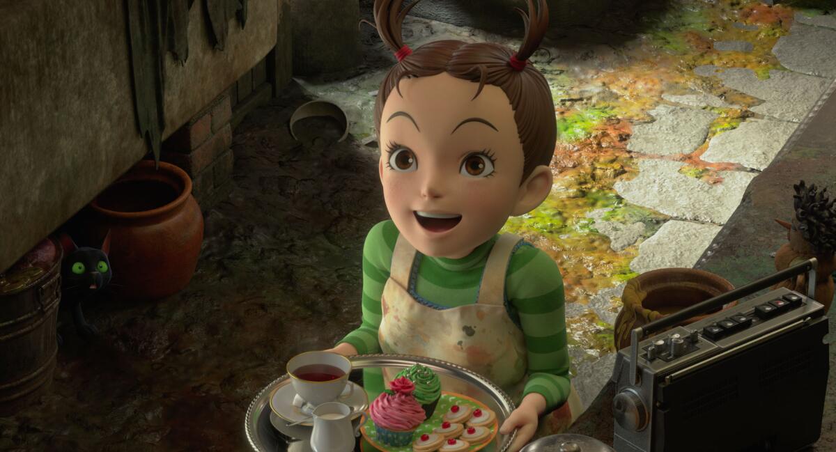 A closeup of an animated figure of a girl with pigtails carrying a tray of food.