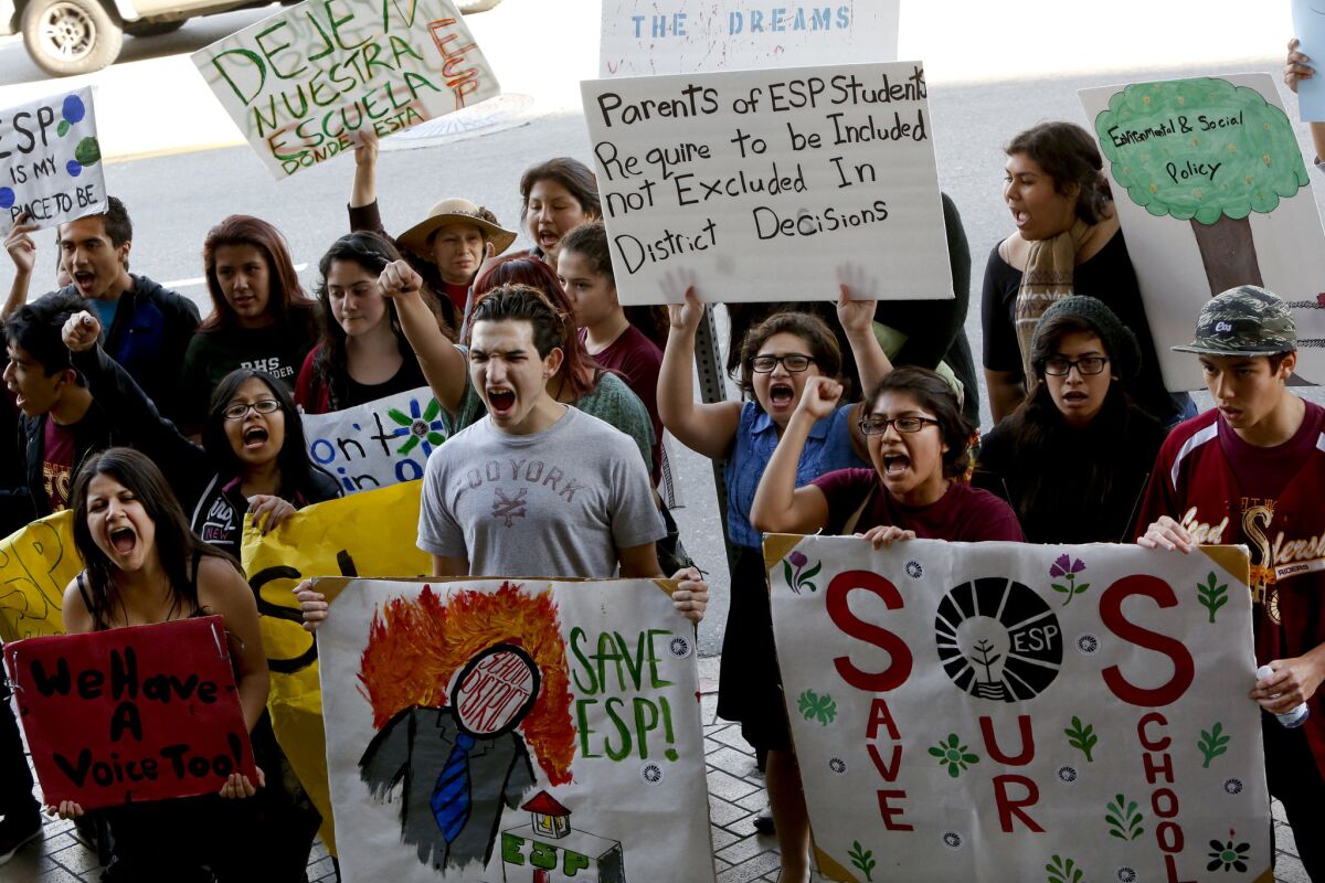 In front of L.A. Unified headquarters last week, students protest the possible closure of the Academy of Environmental and Social Policy in Boyle Heights.
