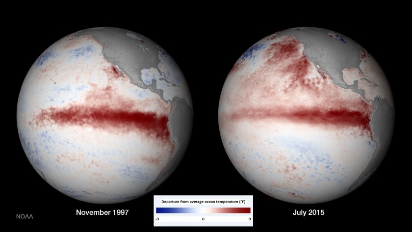 A comparison of the November 1997 and July 2015 El Niños in the Pacific Ocean west of Peru. Areas of warm water, shown in red, in 1997 contributed to relentless, damaging storms in California that winter. Note: This image has been edited to add a key and to express degrees in Fahrenheit.