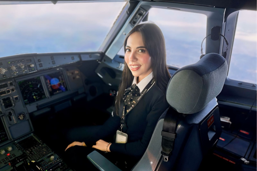 Larissa Astivia, 26 in the cockpit where she works for Volaris Arilines
