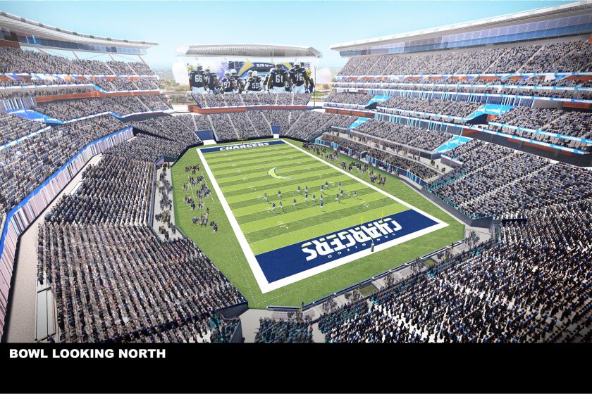 This undated artist's rendering provided by the city and county of San Diego and unveiled Aug. 10 shows a view of a $1.1-billion stadium proposed for the Chargers.