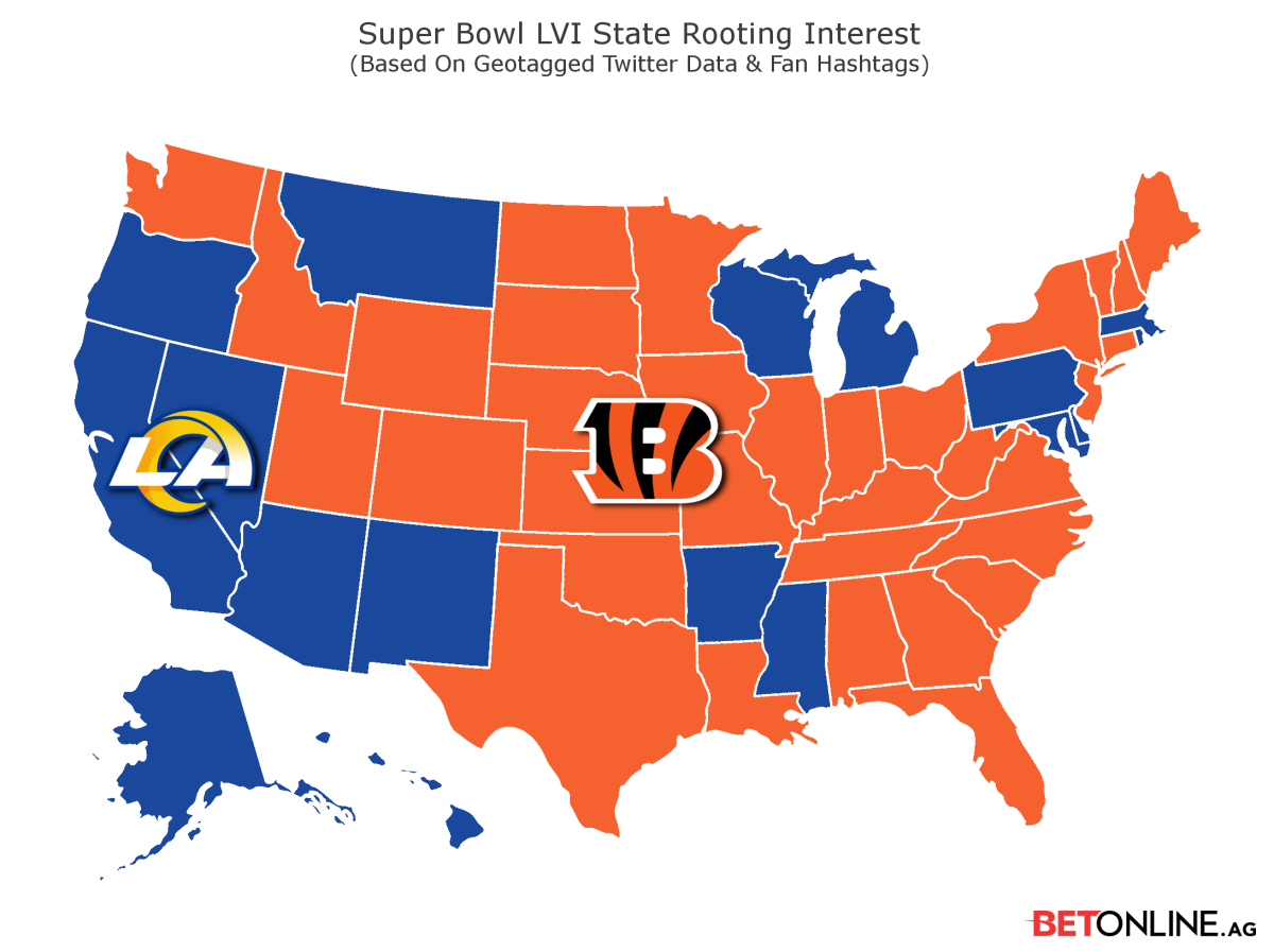 A U.S. map shows what Super Bowl team each state is rooting for.