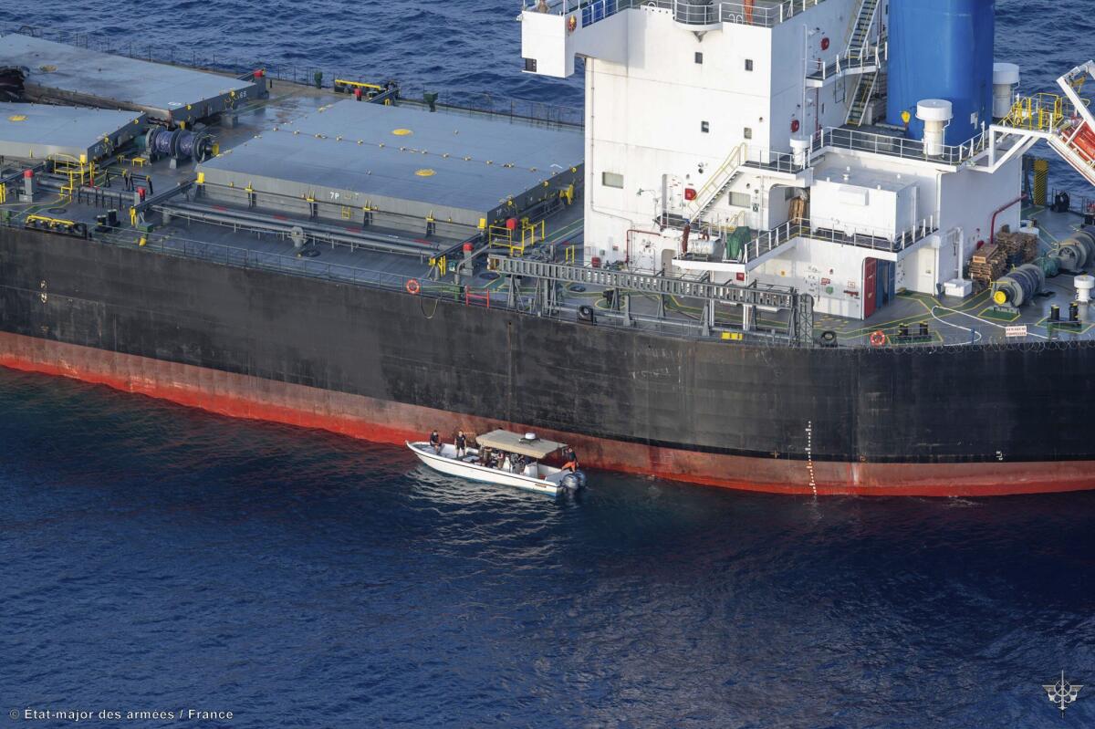 View of the Laax, a Greek-owned, Marshall Islands-flagged bulk carrier that came under attack by Yemen's Houthi rebels.