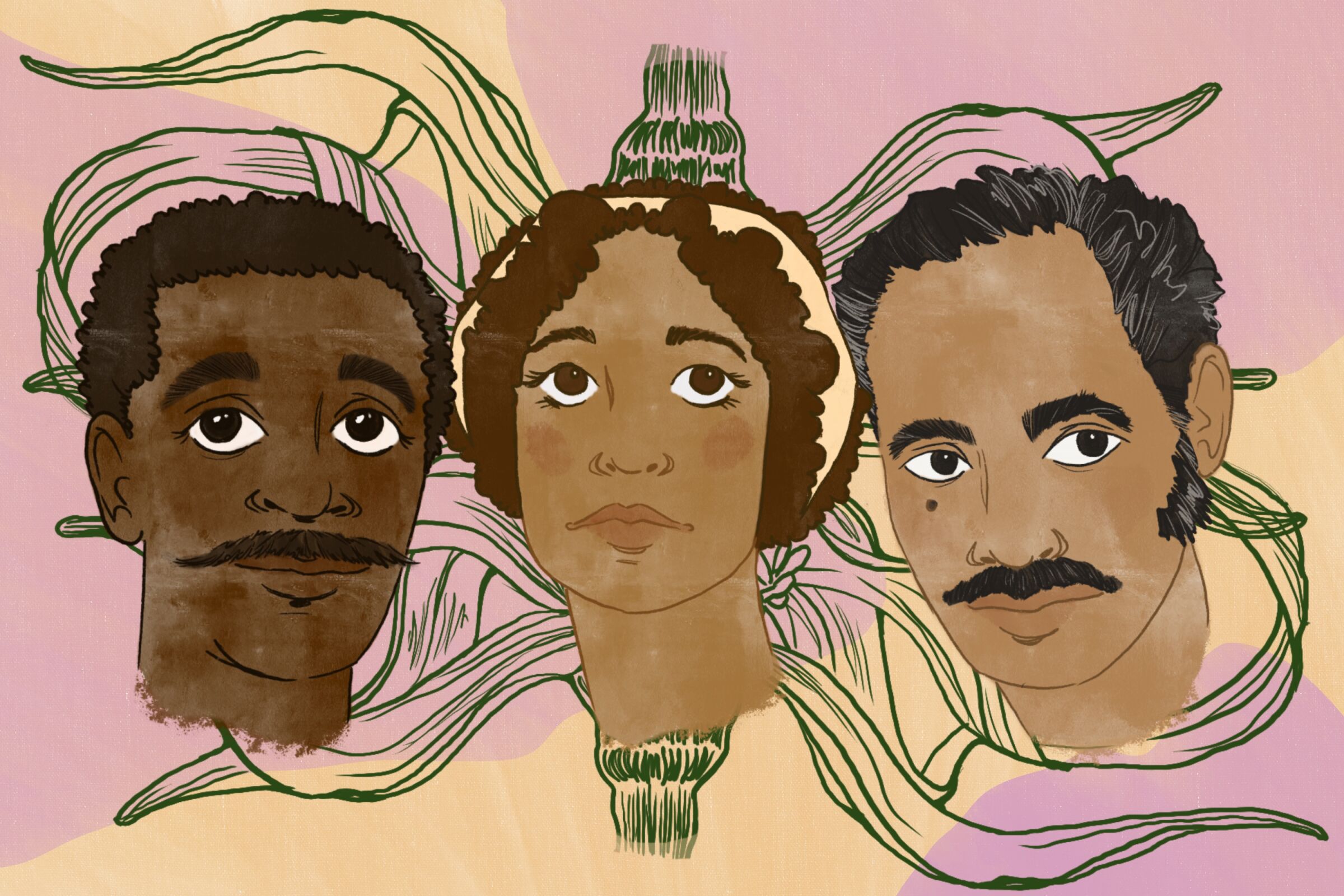 illustration of two black men and a black woman on a pink and cream background