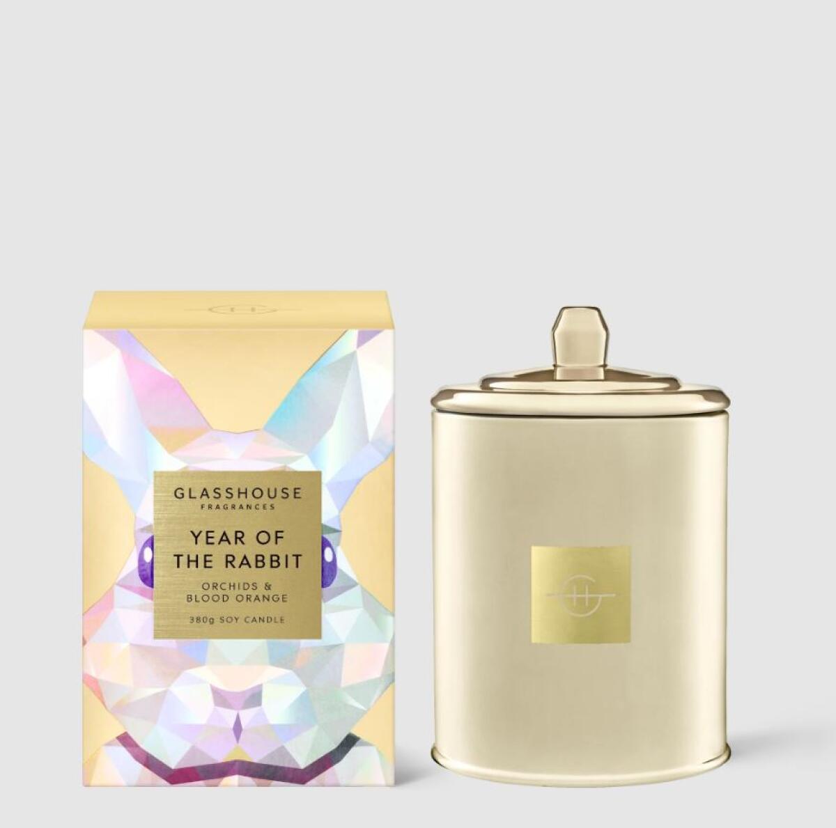 Glasshouse Fragrances limited-edition Year of the Rabbit candle next to its colorful box.