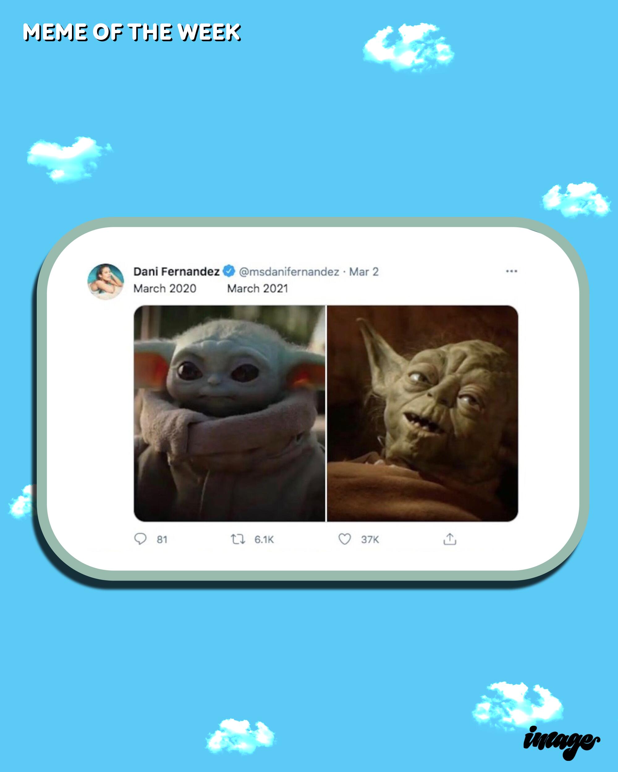 Side-by-side photos of Baby Yoda and Yoda in a meme on a cellphone
