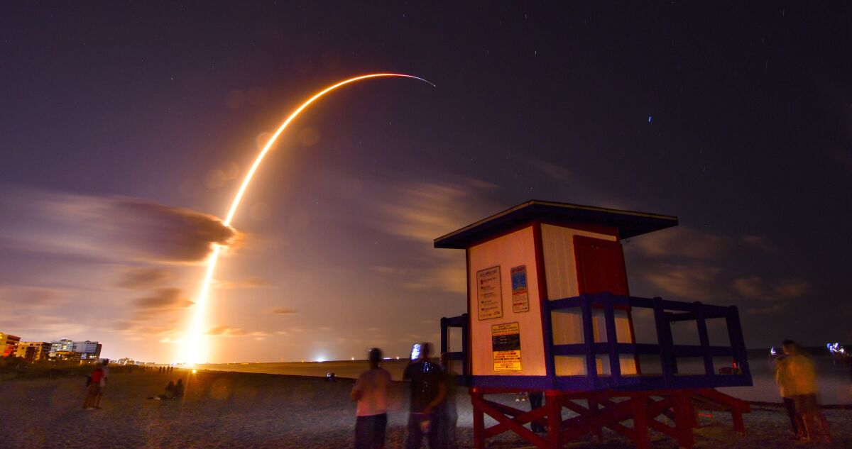 A Falcon 9 SpaceX rocket lifts off in May 2019.