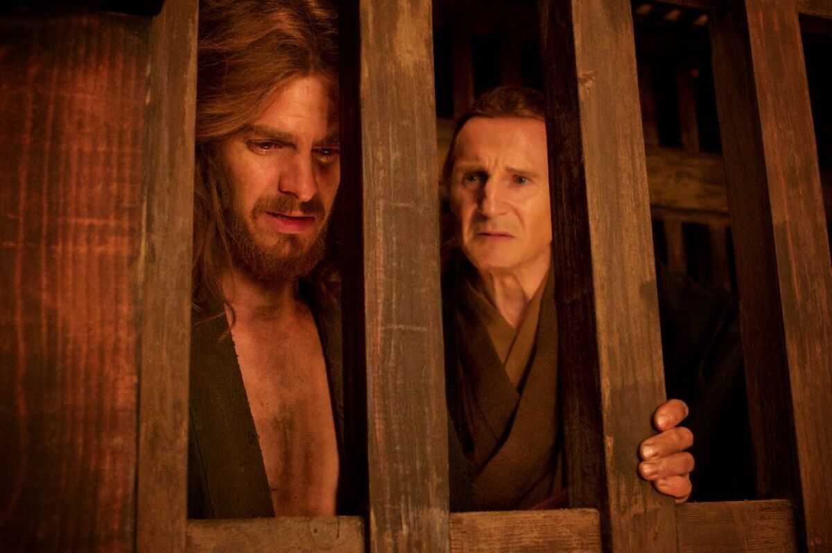 Andrew Garfield, left, as a priest weighing the cost of his faith in the Scorsese movie "Silence," opposite Liam Neeson.