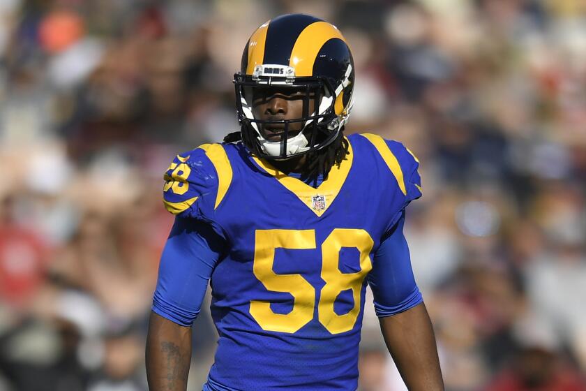 LOS ANGELES, CA - DECEMBER 30: Cory Littleton #58 of the Los Angeles Rams against the San Francisco 49ers at Los Angeles Memorial Coliseum on December 30, 2018 in Los Angeles, California. Rams won 48-32. (Photo by John McCoy/Getty Images)