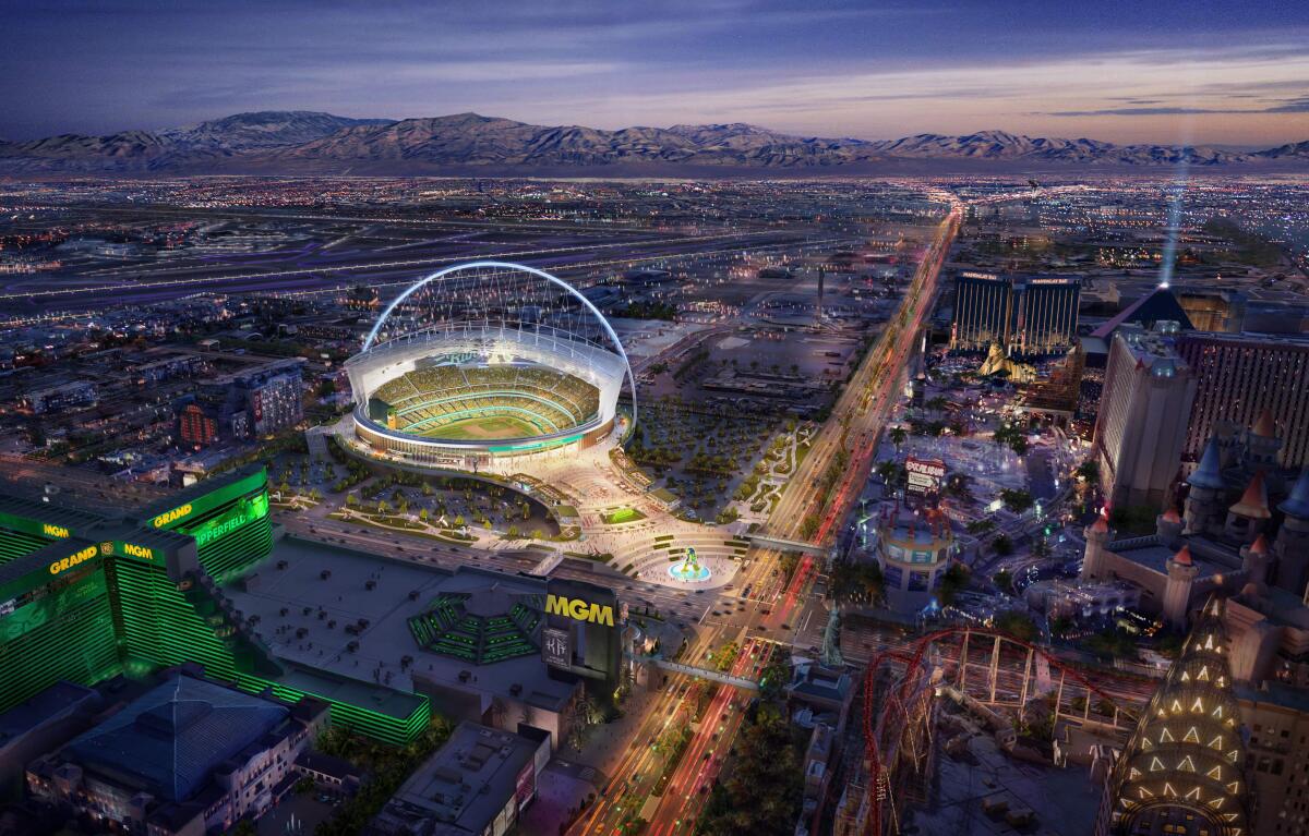 A rendering released by the Oakland Athletics in May shows the franchise’s proposed new ballpark in Las Vegas.