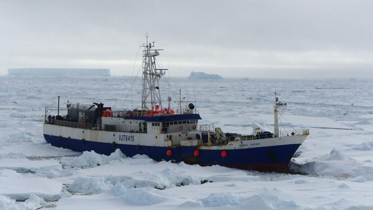 The Austrailian fishing vessel Antarctic Chieftain is seen from the Coast Guard cutter Polar Star.