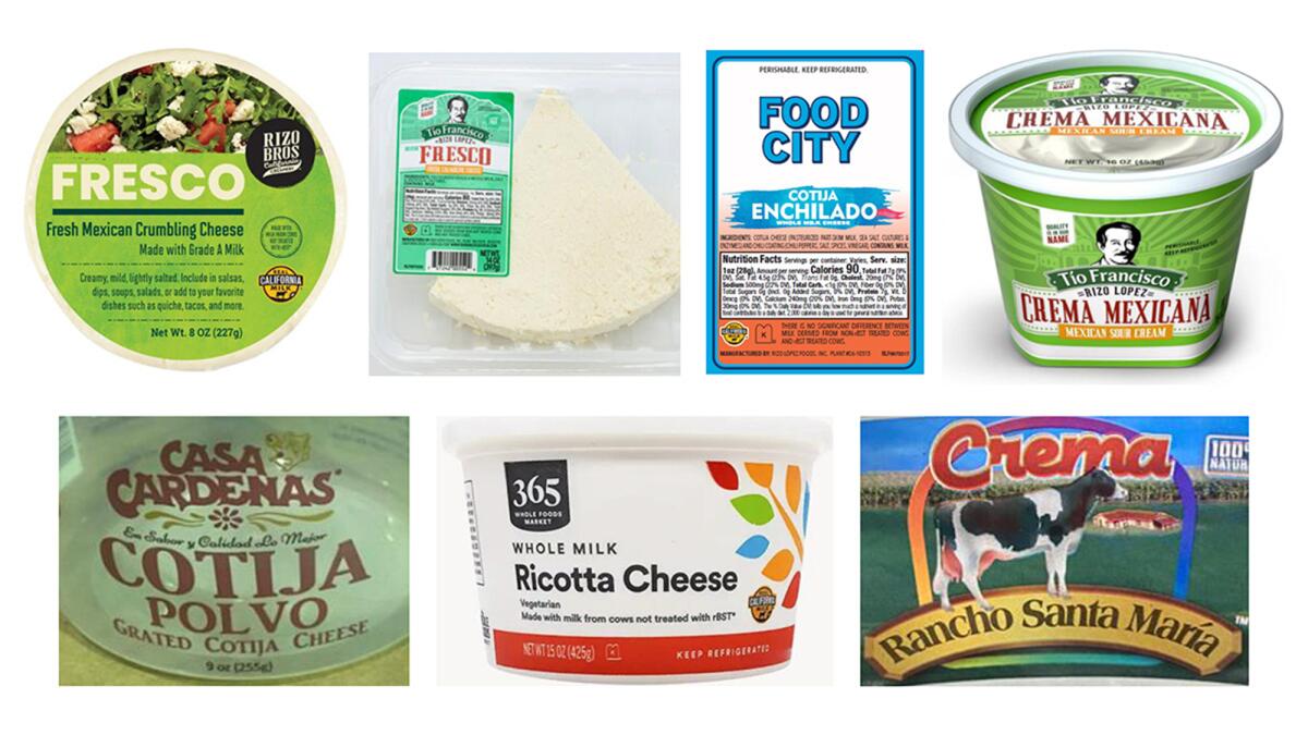 A collection of seven images showing the labels of dairy products