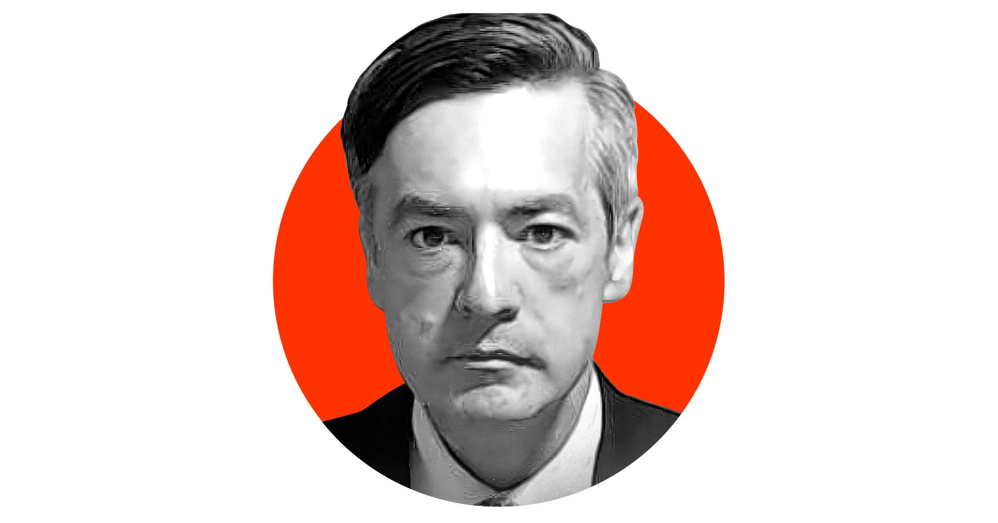 A photo illustration of a black-and-white police booking photo of lawyer Kenneth Chesebro emerging from a red circle