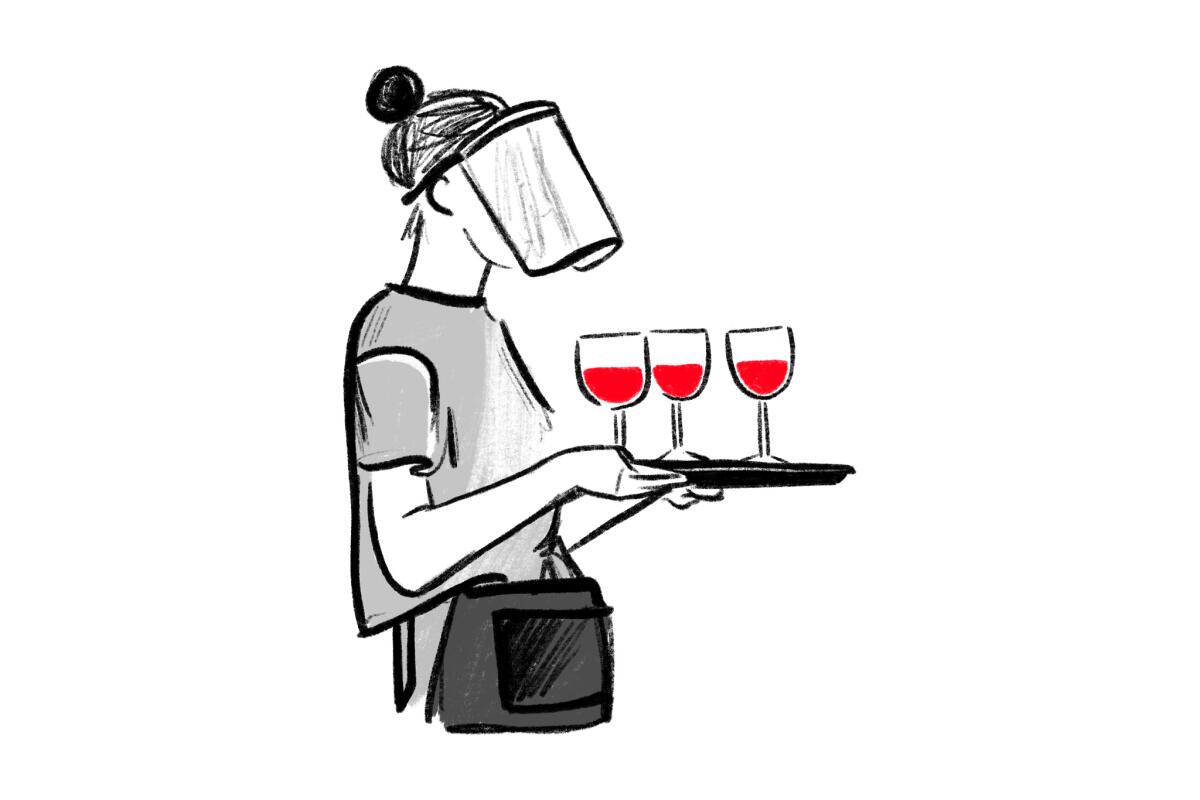 Illustration of a server with face shield carrying a tray with three glasses of wine