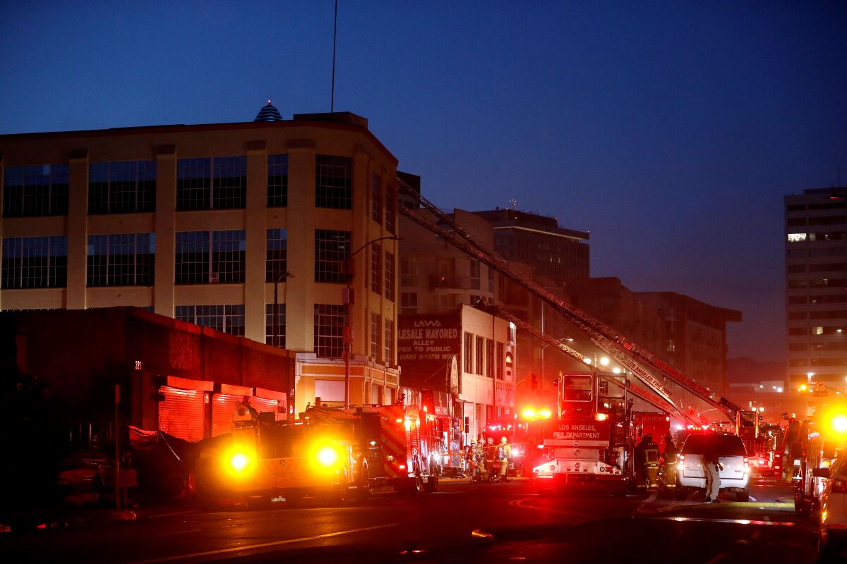Firefighters received a call about 6:30 p.m. Saturday about a structure fire in the 300 block of Boyd Street south of Little Tokyo, said Erik Scott, a Los Angeles Fire Department spokesman.