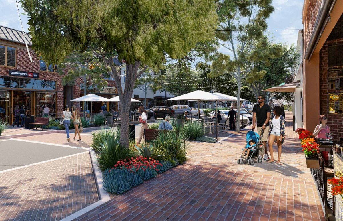 A rendering by SWA Group, a landscape architecture and urban design firm, depicts what lower Forest Avenue in Laguna Beach could look like in five years after Downtown Action Plan projects proposed for the area are completed.