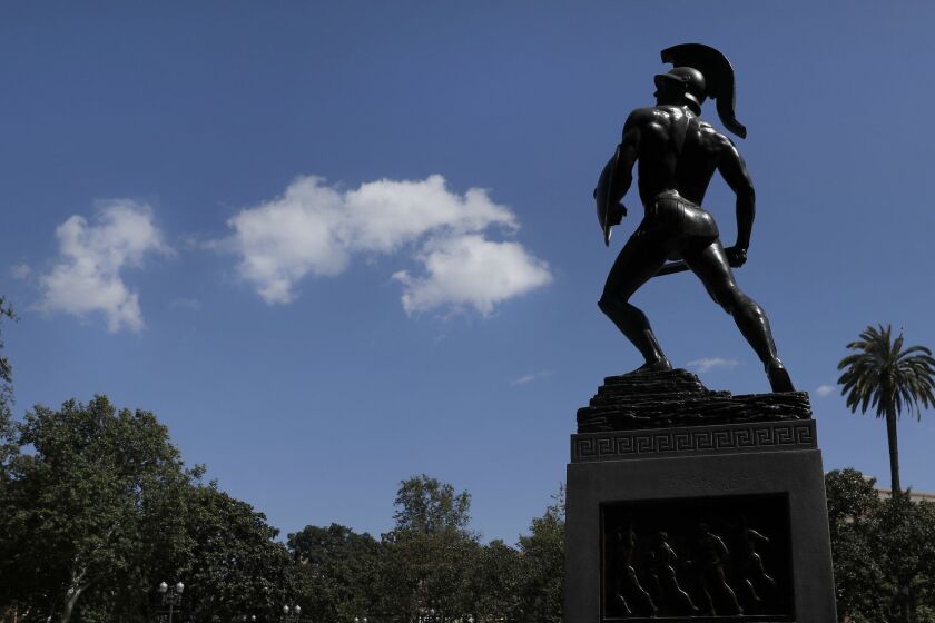 LOS ANGELES, CA-MAY 17, 2018: Tommy Trojan, officially known as the Trojan Shrine, is a life-size bronze statue of a Trojan warrior located on the USC campus in Los Angeles on May 17, 2018. (Mel Melcon/Los Angeles Times)