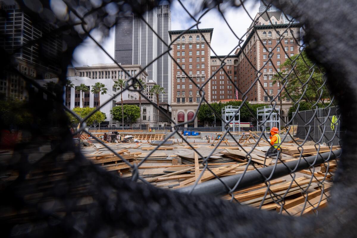 Construction in Pershing Square across from the Biltmore Hotel.