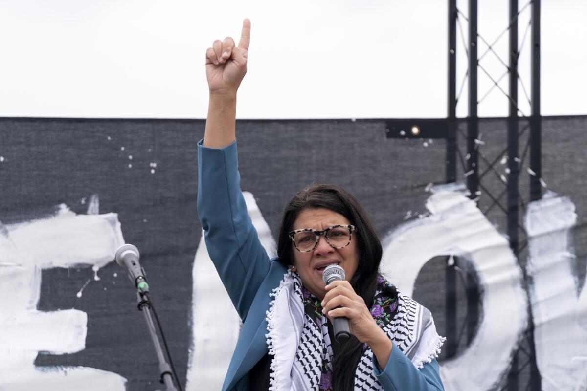 Rep. Rashida Tlaib (D-Mich.) speaks during a pro-Palestinian rally in Washington on Oct. 20.