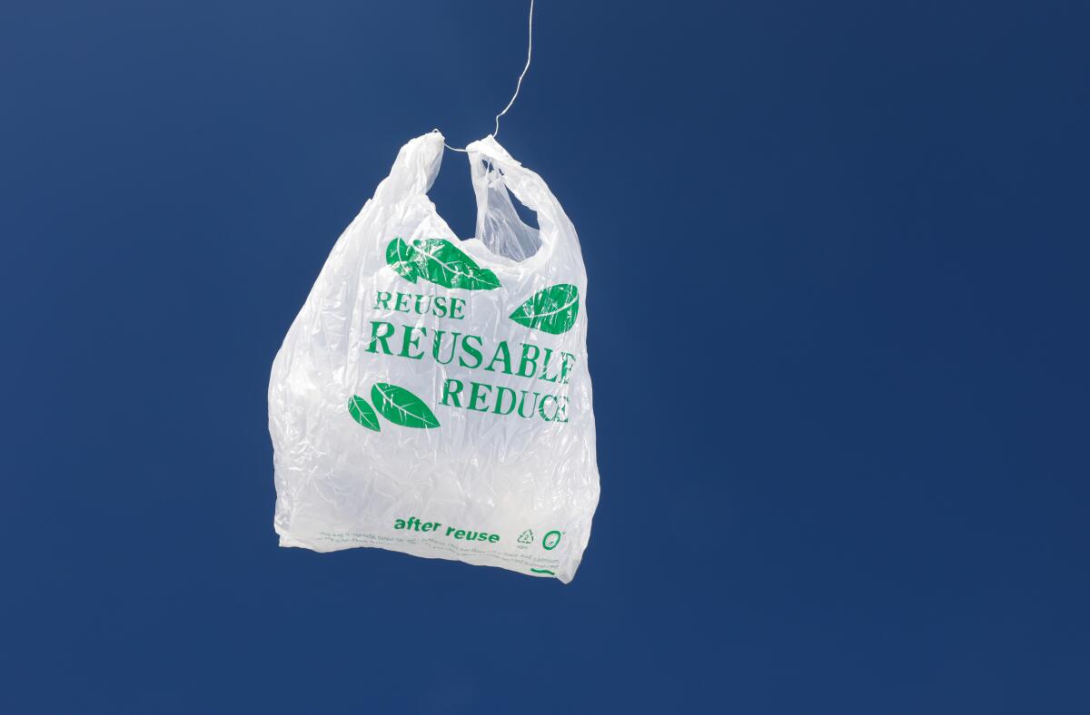 A plastic bag displays words "reuse," "reusable" and "reduce" 