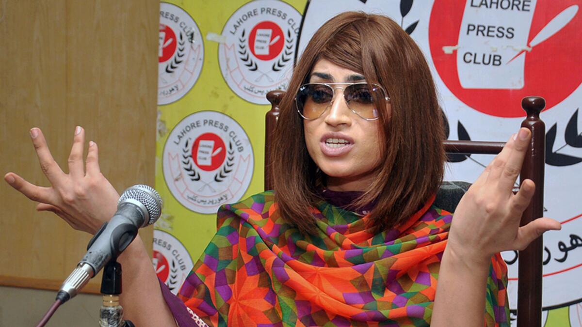 Qandeel Baloch speaks at a June 28 news conference in Lahore.