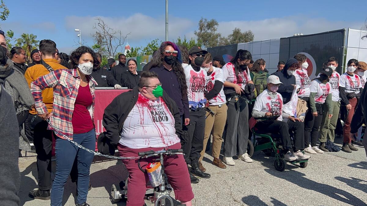 A group of protesters blocked the entrance to Google I/O, the company's annual developer conference in Mountain View, Calif.