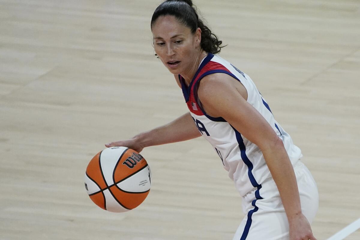 WNBA All-Star and four-time Olympic gold medalist Sue Bird plays during a game.