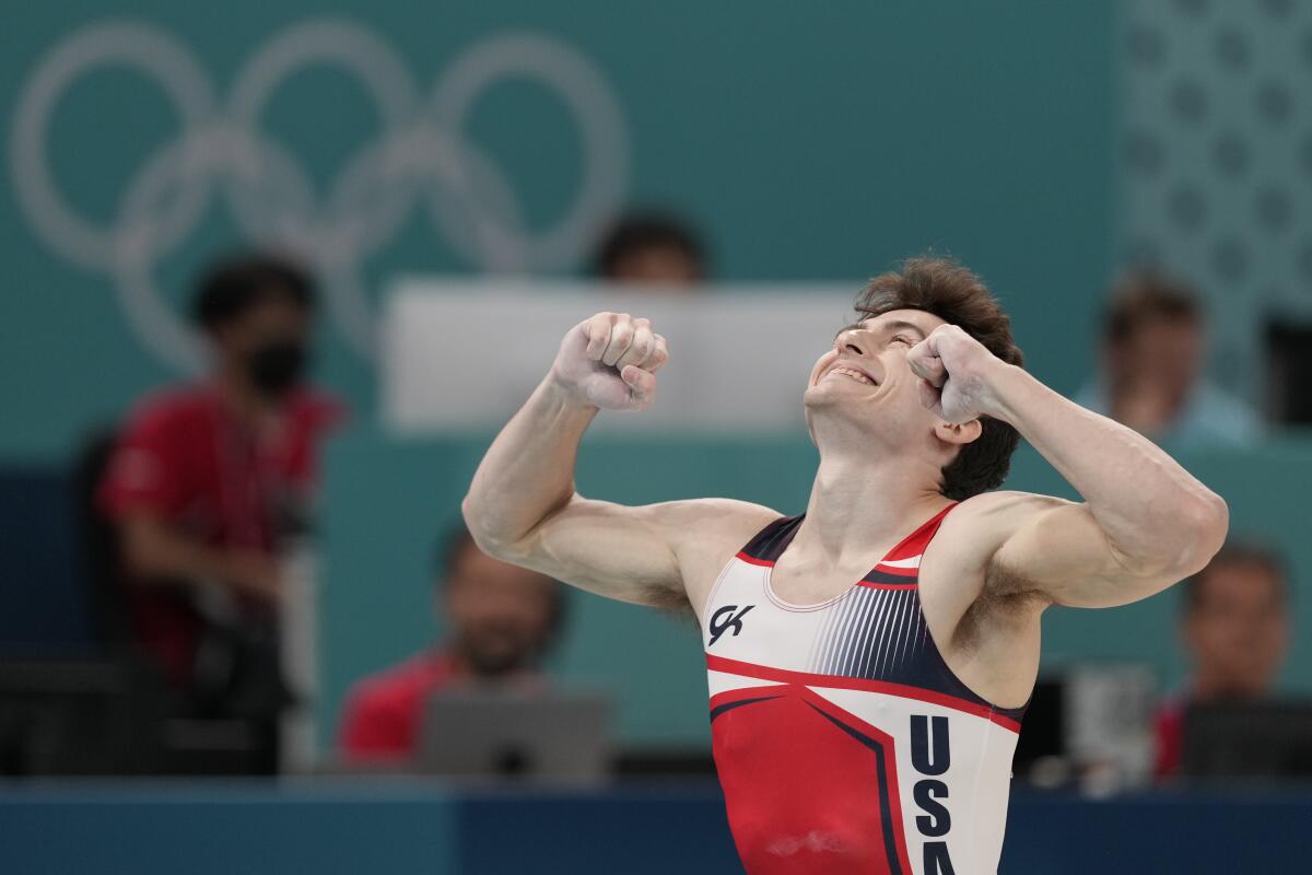 Stephen Nedoroscik of the United States celebrates during the men's artistic gymnastics.