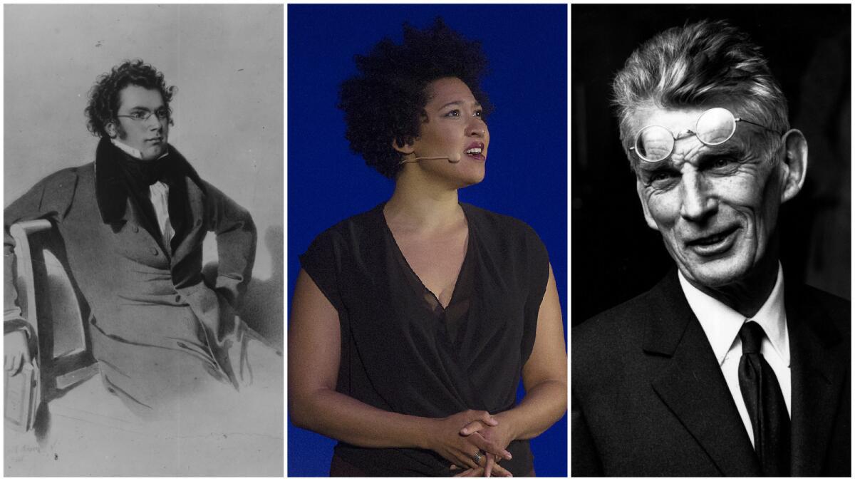 The music of Franz Schubert, left, and the short plays of Samuel Beckett, right, find common thematic ground in a Los Angeles Philharmonic recital featuring actors and singers such as rising soprano Julia Bullock, center.