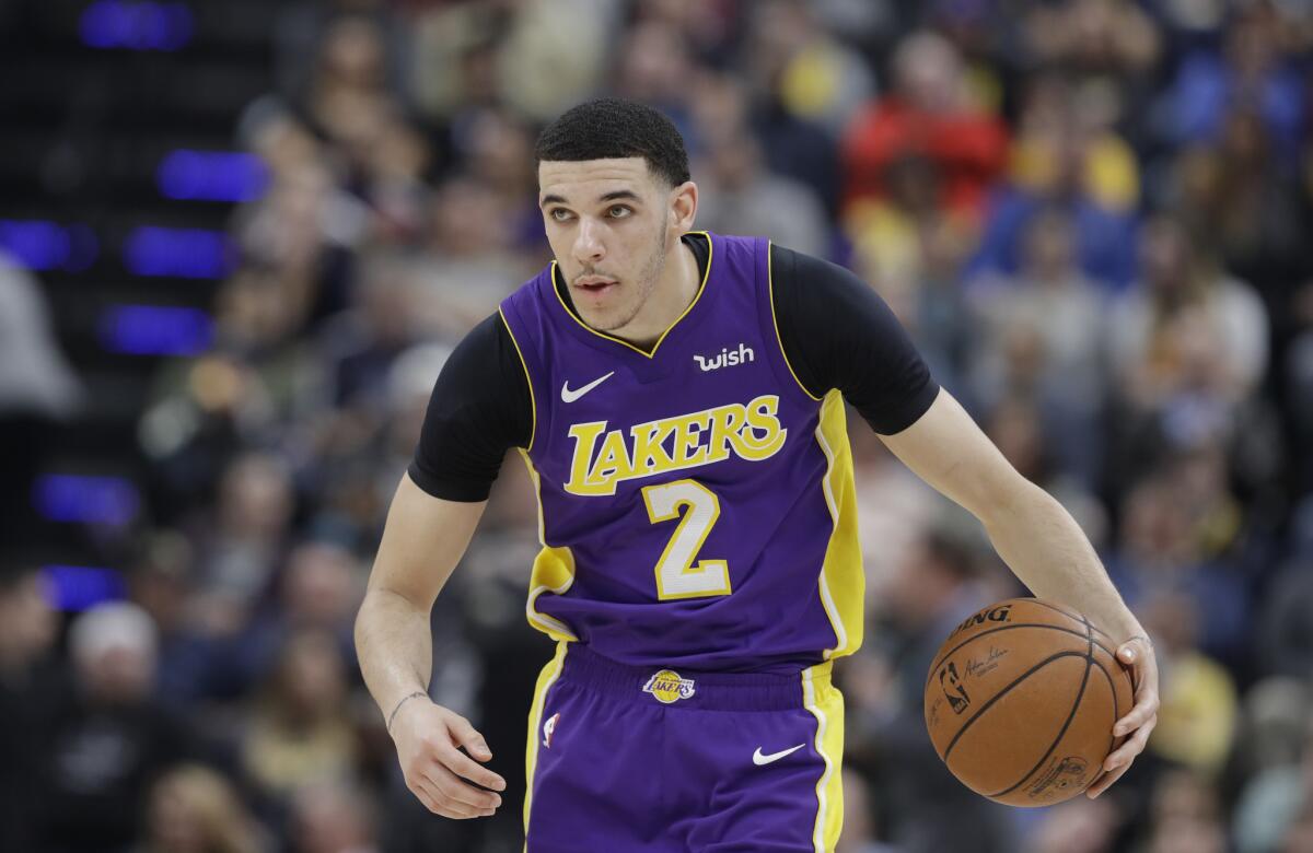 Los Angeles Lakers' Lonzo Ball in action during the first half of an NBA basketball game against the Indiana Pacers, Monday, March 19, 2018, in Indianapolis.