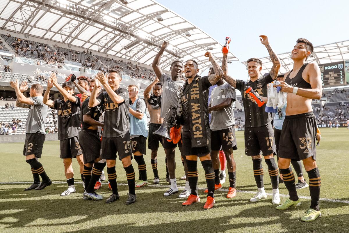 Cristian Arango and his LAFC teammates celebrate after defeating the San Jose Earthquakes on Saturday