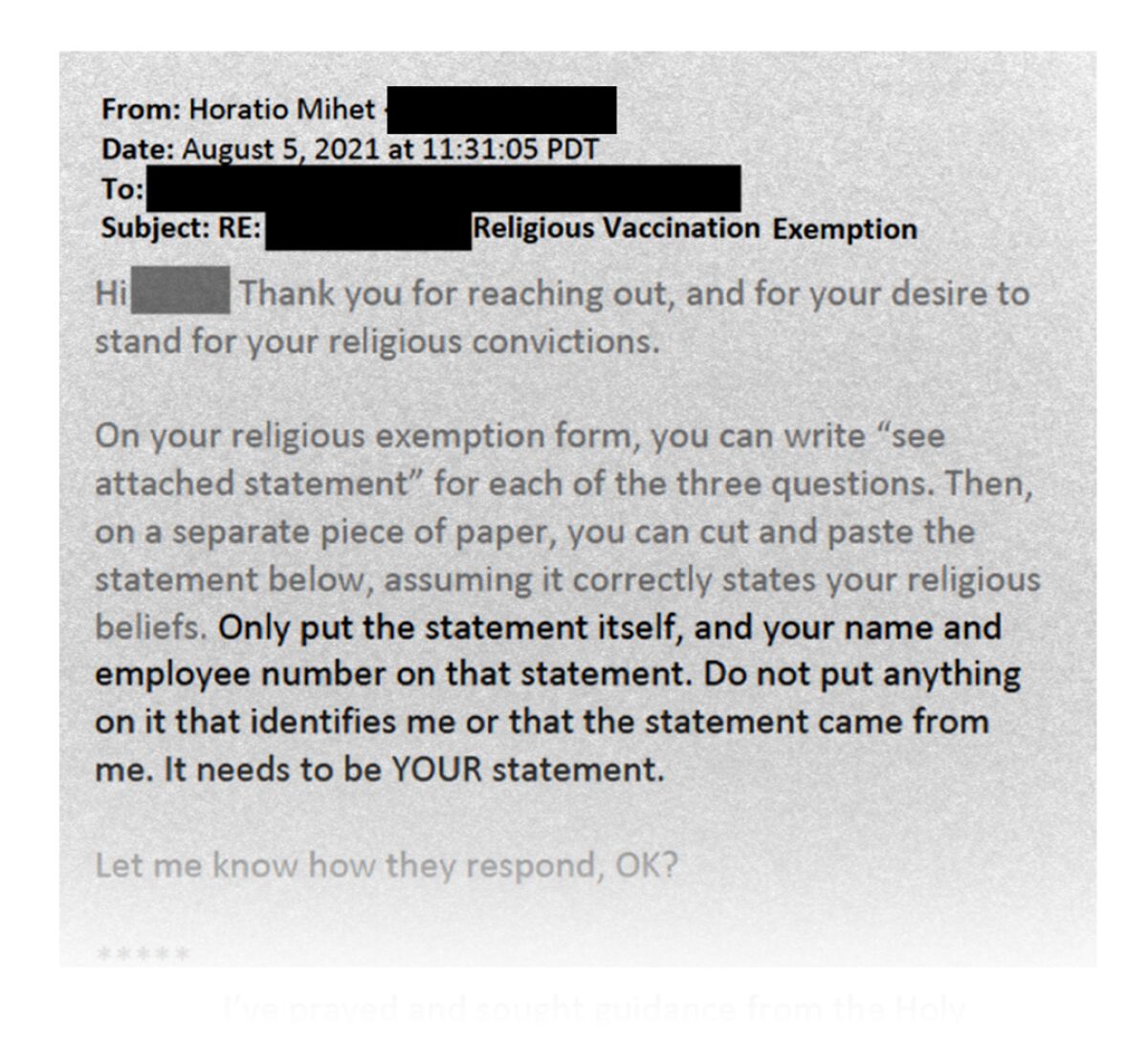 Emails from Horatio Mihet about religious vaccination exemption.
