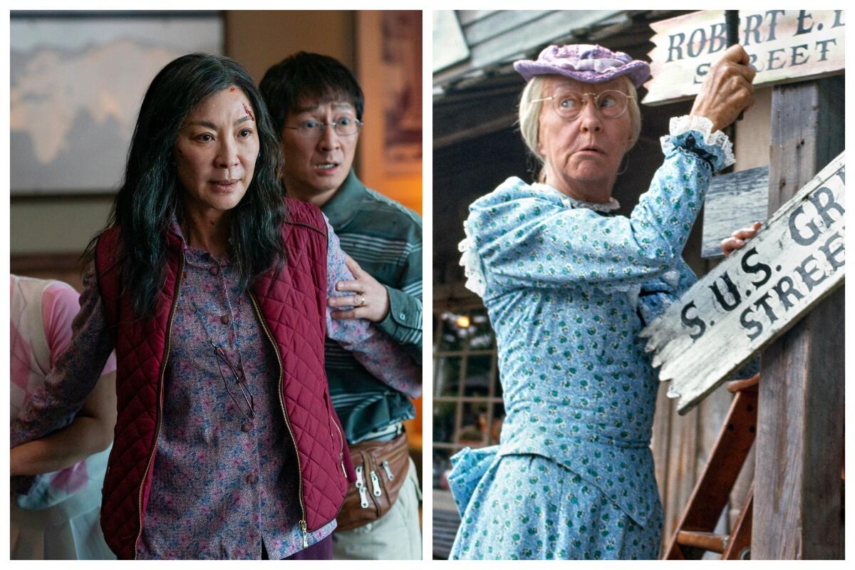 A diptych of Michelle Yeoh in a scene from "Everything Everywhere All at Once" and Irene Ryan in "The Beverly Hillbillies."