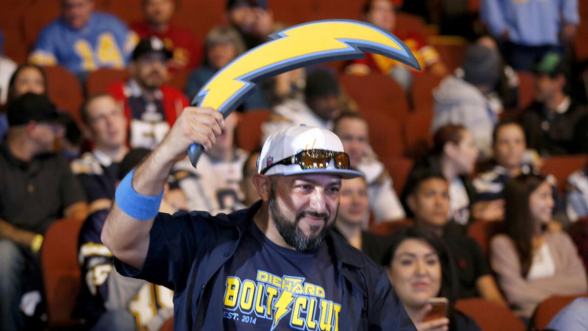 A member of the Die Hard Bolt Club rallies Chargers fans during a kickoff ceremony at The Forum on Jan. 18.