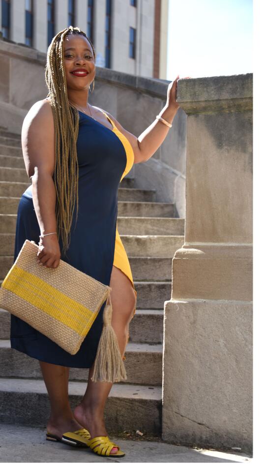 Who: Tashia Bagwell, 38, Bel Air resident; federal employee Spotted at: “Rosé in the Garden,” a summer soirée presented by Downtown Partnership of Baltimore at Preston Gardens, downtown Baltimore What she wore: Gold and navy asymmetrical dress from classicwardrobe78 (Instagram); yellow flat slides and jute clutch with tassel pull from Zara; gold bamboo “T” initial necklace from lovetyalexander.com; and gold hoop earrings she’s had for a while. What she can’t live without: “My red lipstick. I have about 30 [shades]. When I was younger, I hated my lips. Now I love them.”