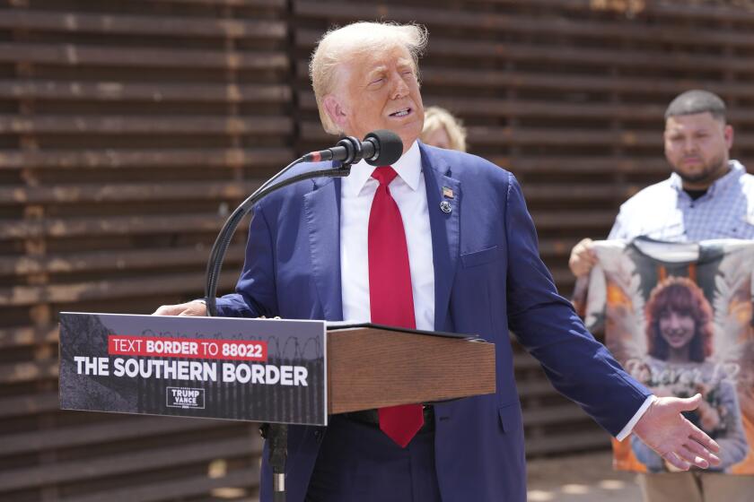 Former President Donald Trump speaks during a campaign event in front of the US-Mexico border, Thursday, Aug 22, 2024, in Sierra Vista, Arizona. (AP Photo/Rick Scuteri)