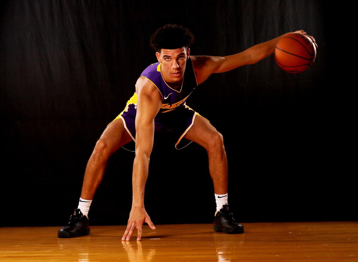 GREENBURGH, NY - AUGUST 11: Lonzo Ball of the Los Angeles Lakers poses for a portrati during the 2017 NBA Rookie Photo Shoot at MSG Training Center on August 11, 2017 in Greenburgh, New York. NOTE TO USER: User expressly acknowledges and agrees that, by downloading and or using this photograph, User is consenting to the terms and conditions of the Getty Images License Agreement.