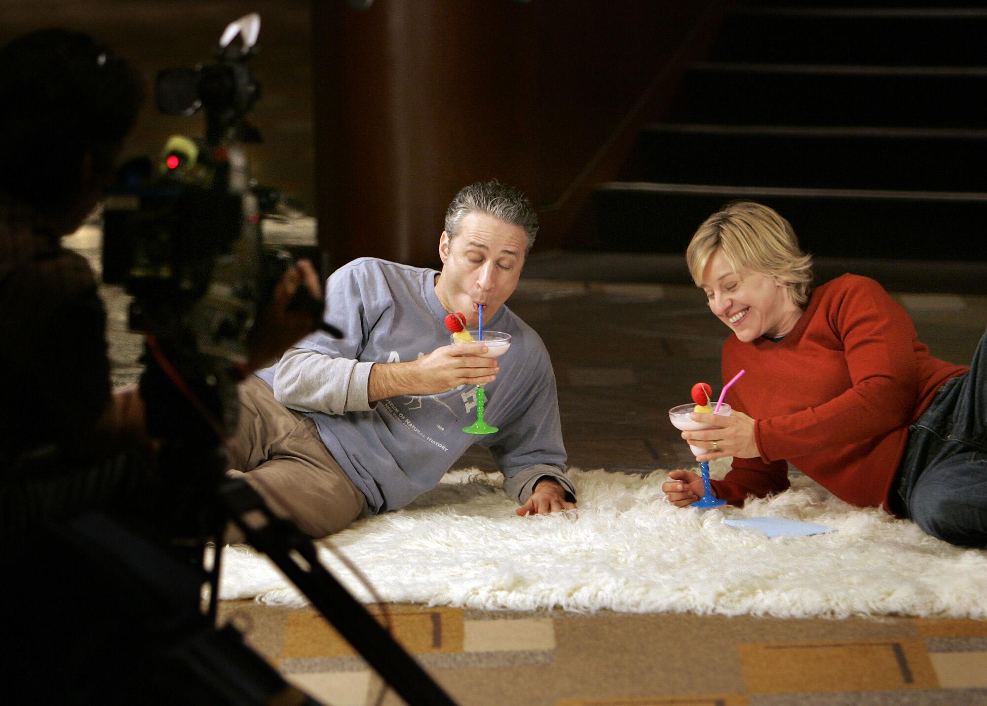 2006: Host Jon Stewart is interviewed by Ellen DeGeneres for a segment on her show on the Tuesday before the Oscars.