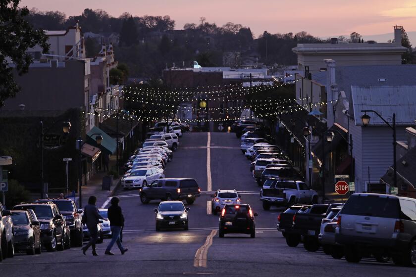 AUBURN, CA -- FEBRUARY 21, 2020: Dusk on Lincoln Way in downtown Auburn. There is an effort to woo young Democratic voters in conservative Placer County. (Myung J. Chun / Los Angeles Times)