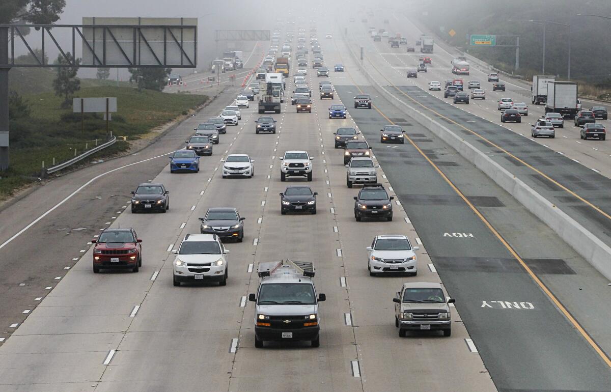 Commuters travel during morning commute hours along northbound Interstate 805